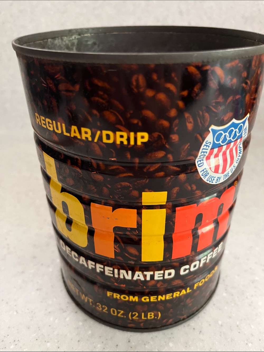 Vtg BRIM Decaf COFFEE Tin Can 2# US Olympic Team Empty 1970s Advertising *READ*